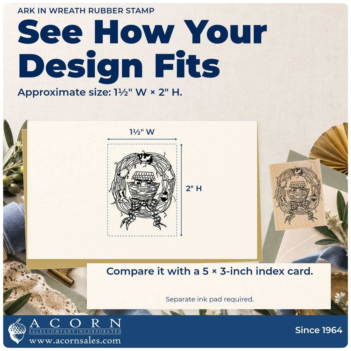 Ark in Wreath Rubber Stamp impression-size guide showing the design on a paper reference with dimension labels.
