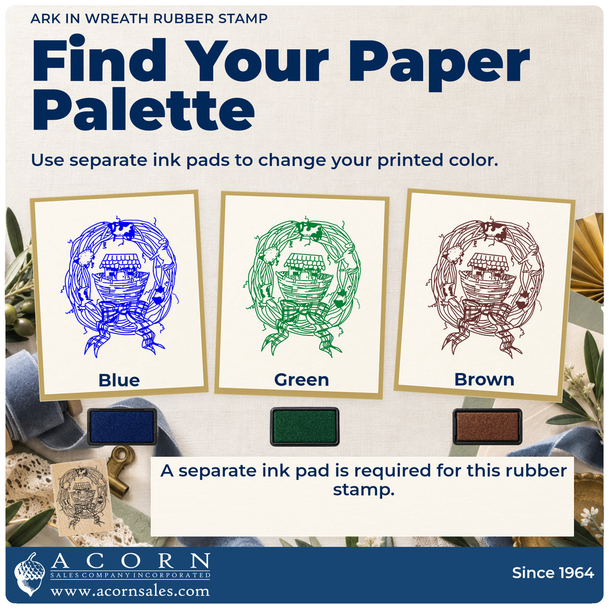 Ark in Wreath Rubber Stamp ink-color infographic comparing three single-color impressions and a separate ink pad.