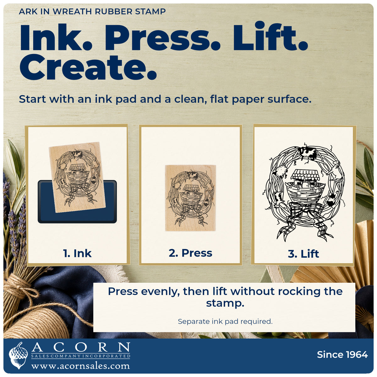 Ark in Wreath Rubber Stamp stamping guide illustrating how to ink, press and lift the stamp.