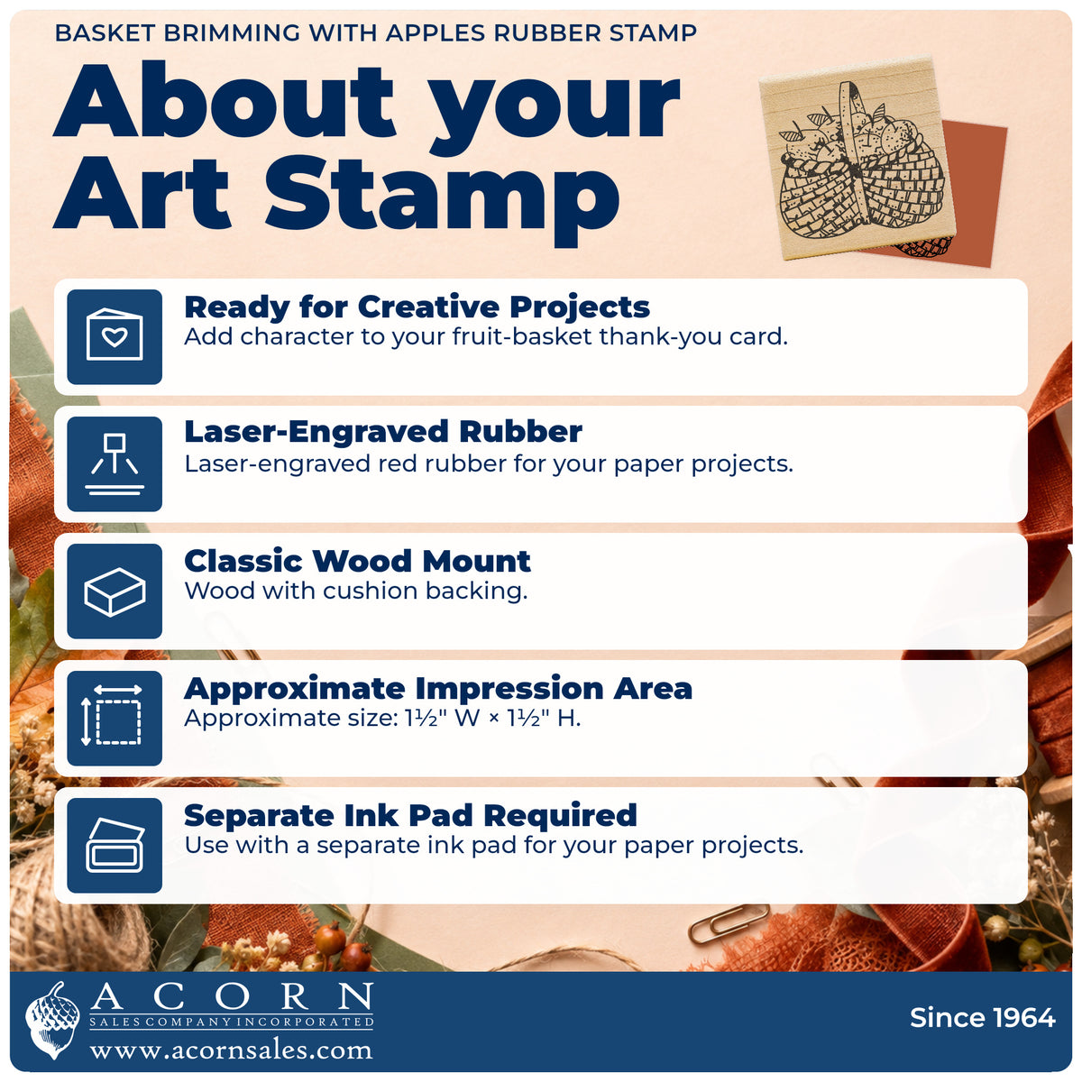 Basket Brimming with Apples Rubber Stamp feature guide covering the wood mount, rubber construction, approximate size and separate ink pad.