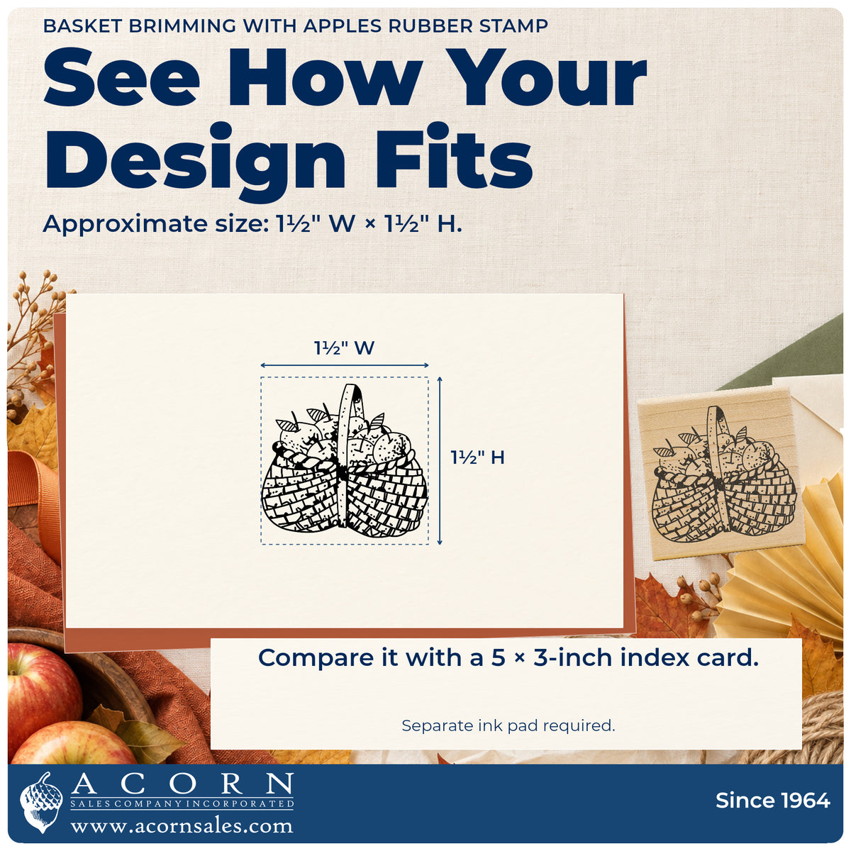 Basket Brimming with Apples Rubber Stamp impression-size guide showing the design on a paper reference with dimension labels.