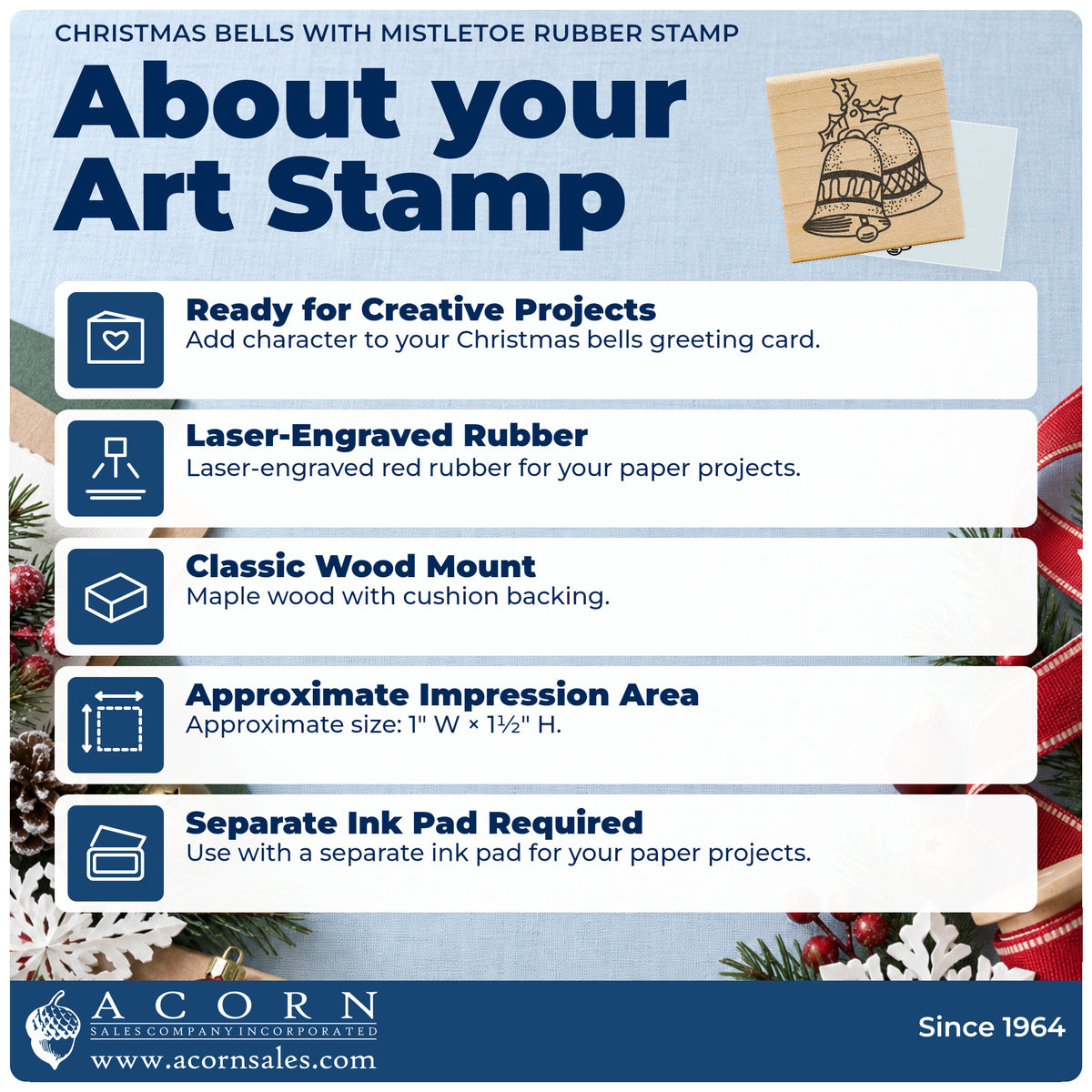 Christmas Bells with Mistletoe Rubber Stamp feature guide covering the wood mount, rubber construction, approximate size and separate ink pad.