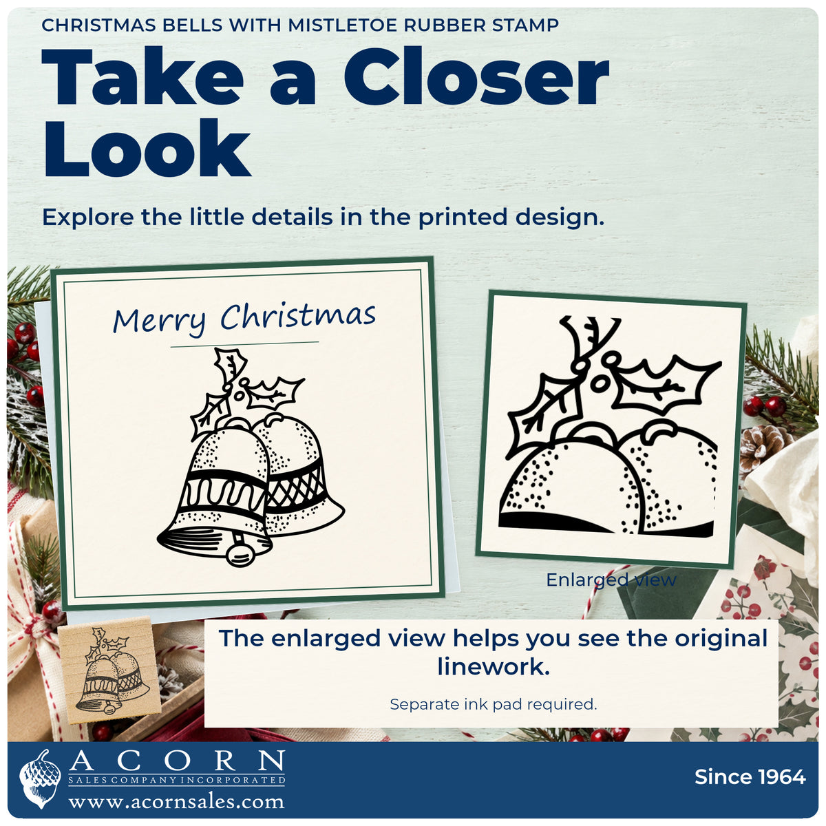 Christmas Bells with Mistletoe Rubber Stamp detail infographic with an enlarged view of the printed design.