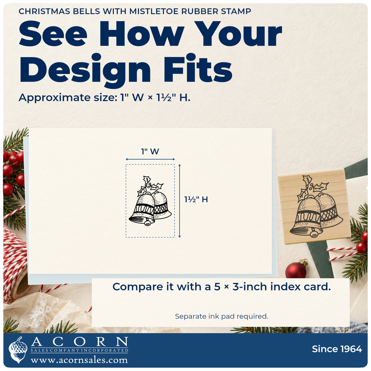 Christmas Bells with Mistletoe Rubber Stamp impression-size guide showing the design on a paper reference with dimension labels.