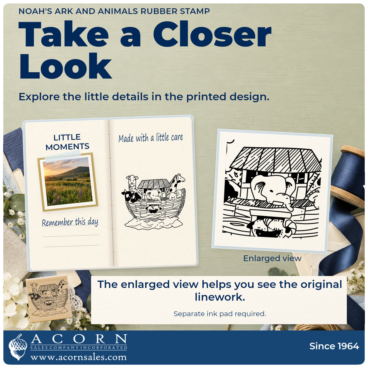 Noah's Ark and Animals Rubber Stamp detail infographic with an enlarged view of the printed design.