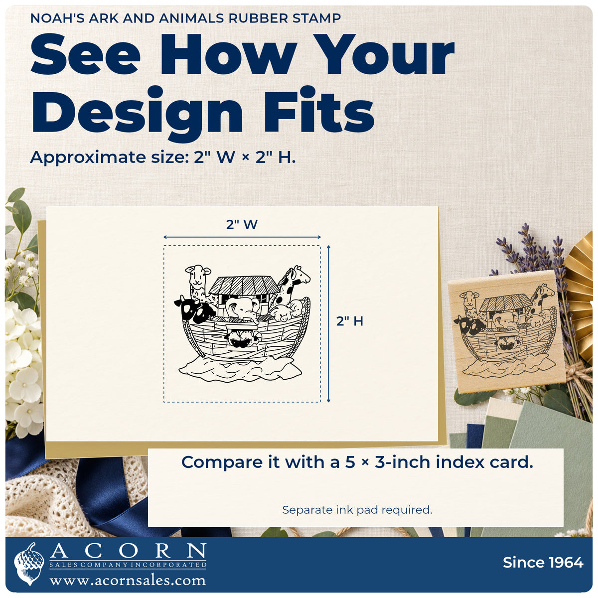 Noah's Ark and Animals Rubber Stamp impression-size guide showing the design on a paper reference with dimension labels.