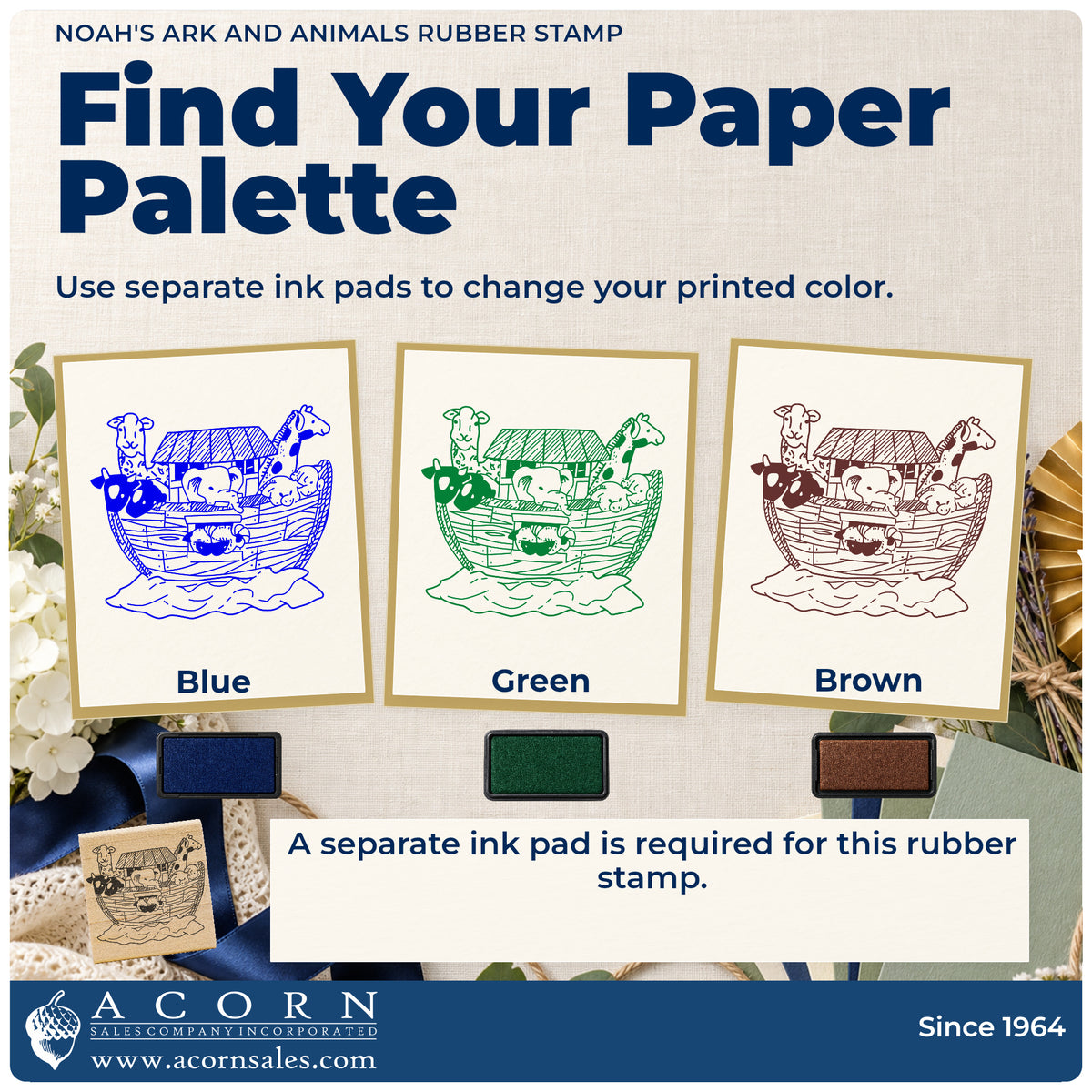 Noah's Ark and Animals Rubber Stamp ink-color infographic comparing three single-color impressions and a separate ink pad.