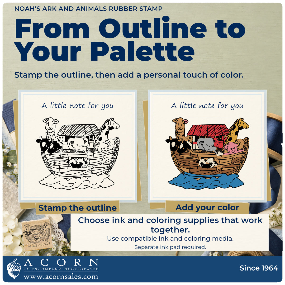 Noah's Ark and Animals Rubber Stamp stamp-and-color guide comparing an outline impression with a colored example.