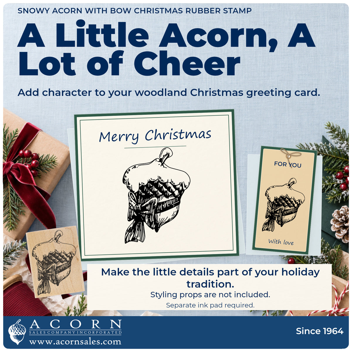 Snowy Acorn with Bow Christmas Rubber Stamp project inspiration: woodland Christmas greeting card.