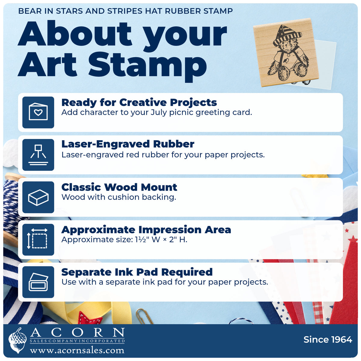 Bear in Stars and Stripes Hat Rubber Stamp feature guide covering the wood mount, rubber construction, approximate size and separate ink pad.