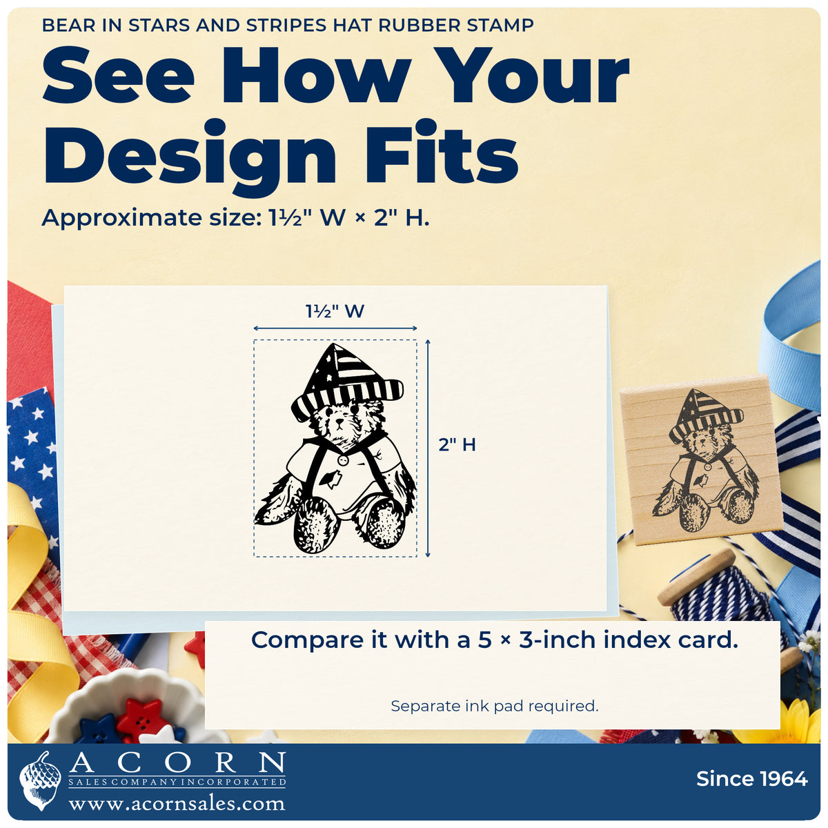 Bear in Stars and Stripes Hat Rubber Stamp impression-size guide showing the design on a paper reference with dimension labels.