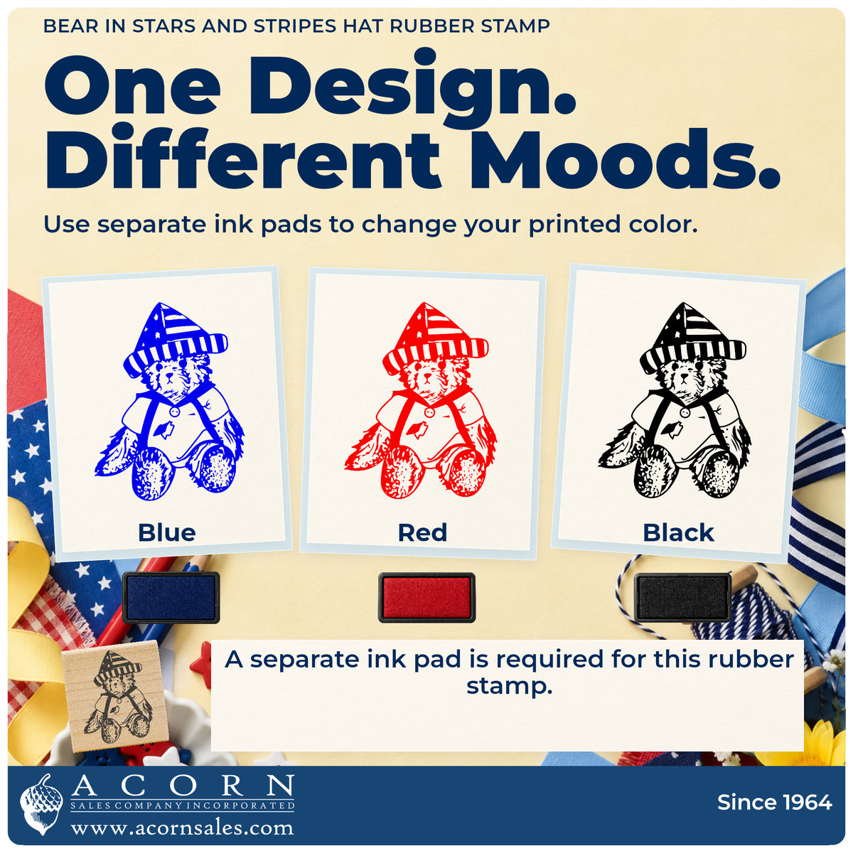 Bear in Stars and Stripes Hat Rubber Stamp ink-color infographic comparing three single-color impressions and a separate ink pad.
