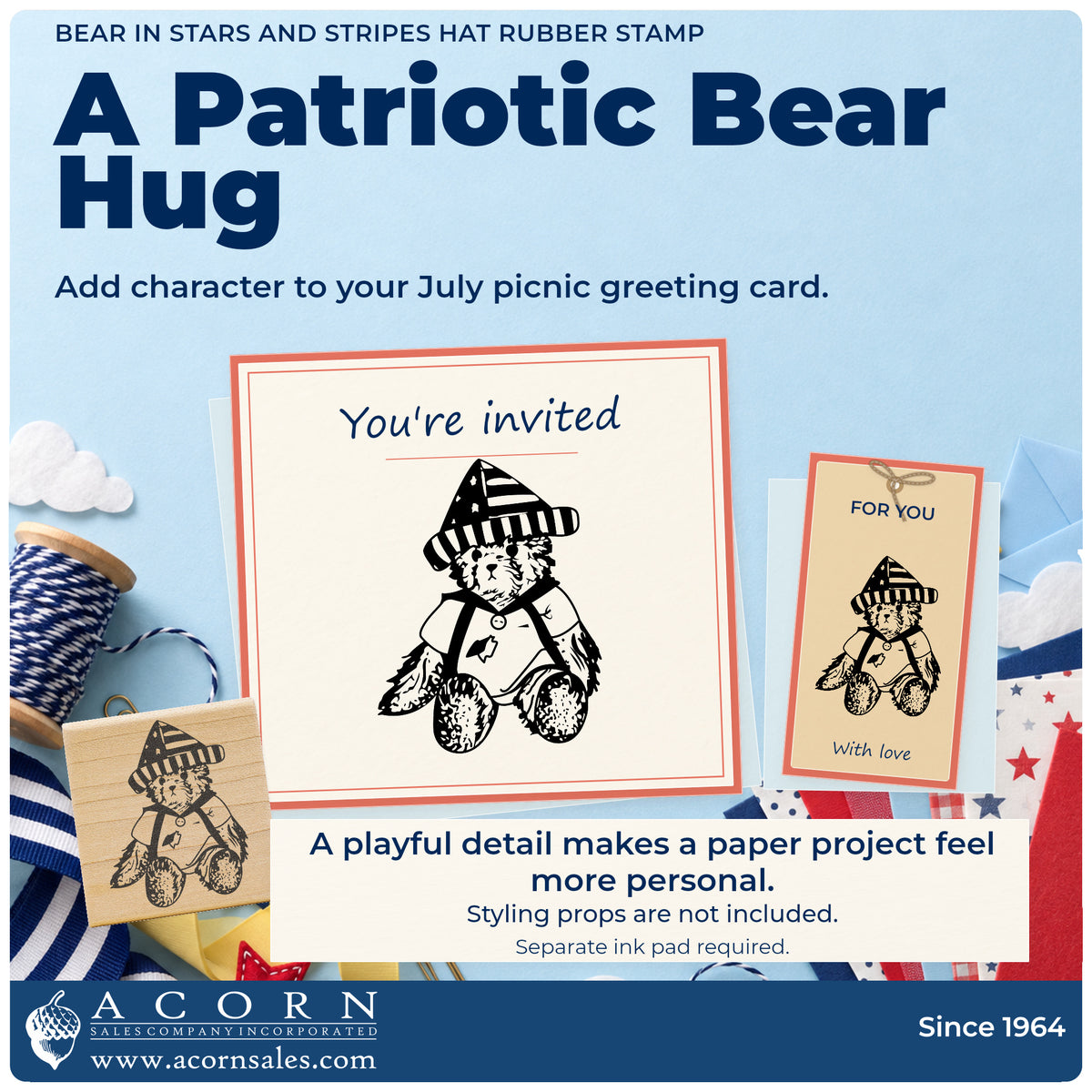Bear in Stars and Stripes Hat Rubber Stamp project inspiration: july picnic greeting card.