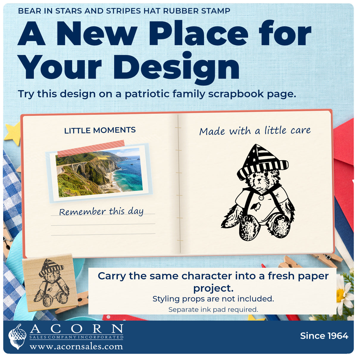 Bear in Stars and Stripes Hat Rubber Stamp project inspiration: patriotic family scrapbook page.