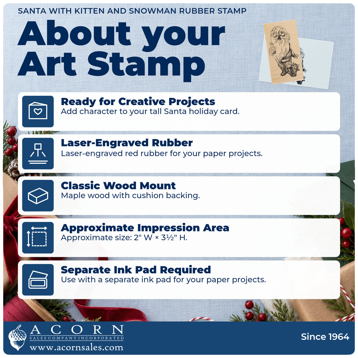 Santa with Kitten and Snowman Rubber Stamp feature guide covering the wood mount, rubber construction, approximate size and separate ink pad.