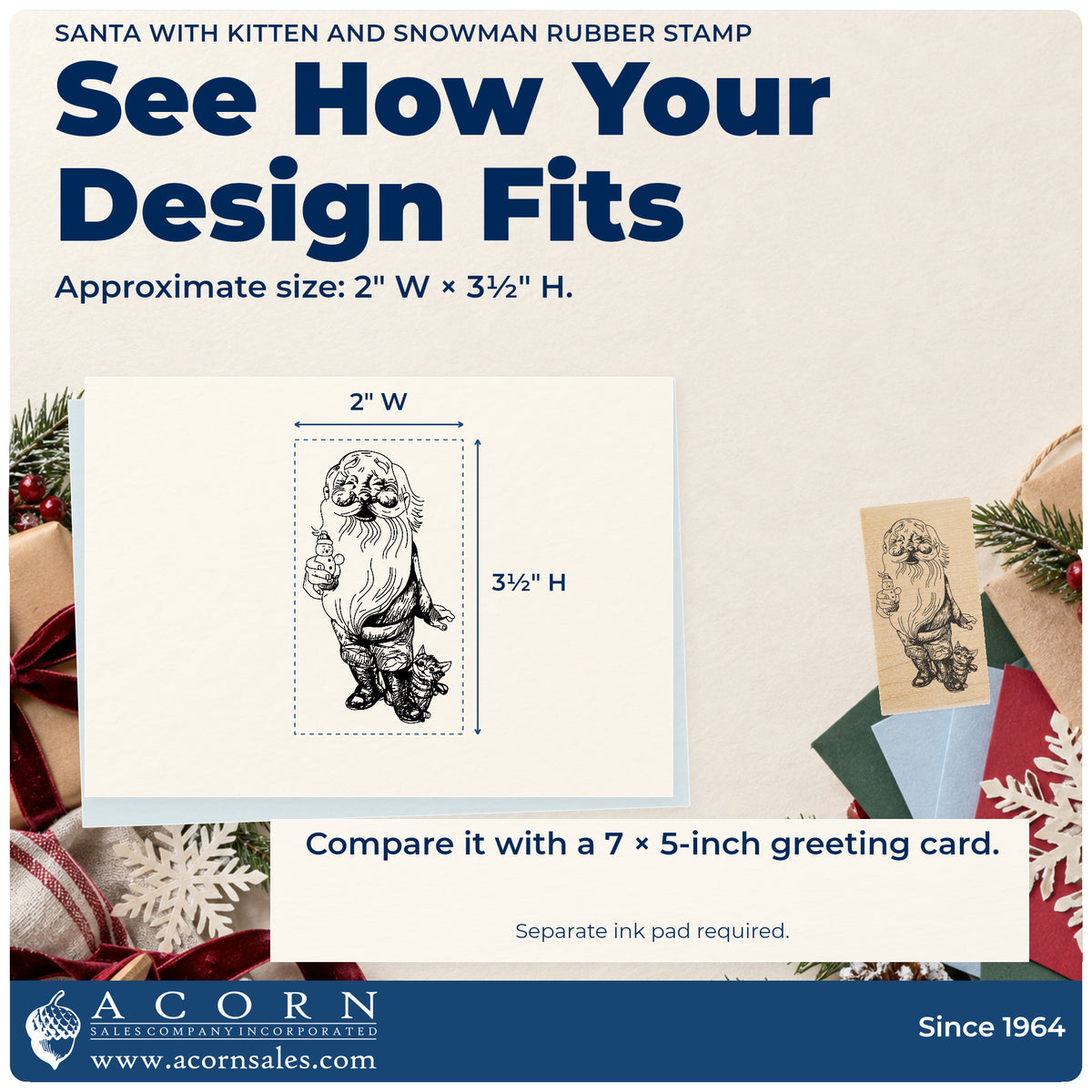Santa with Kitten and Snowman Rubber Stamp impression-size guide showing the design on a paper reference with dimension labels.