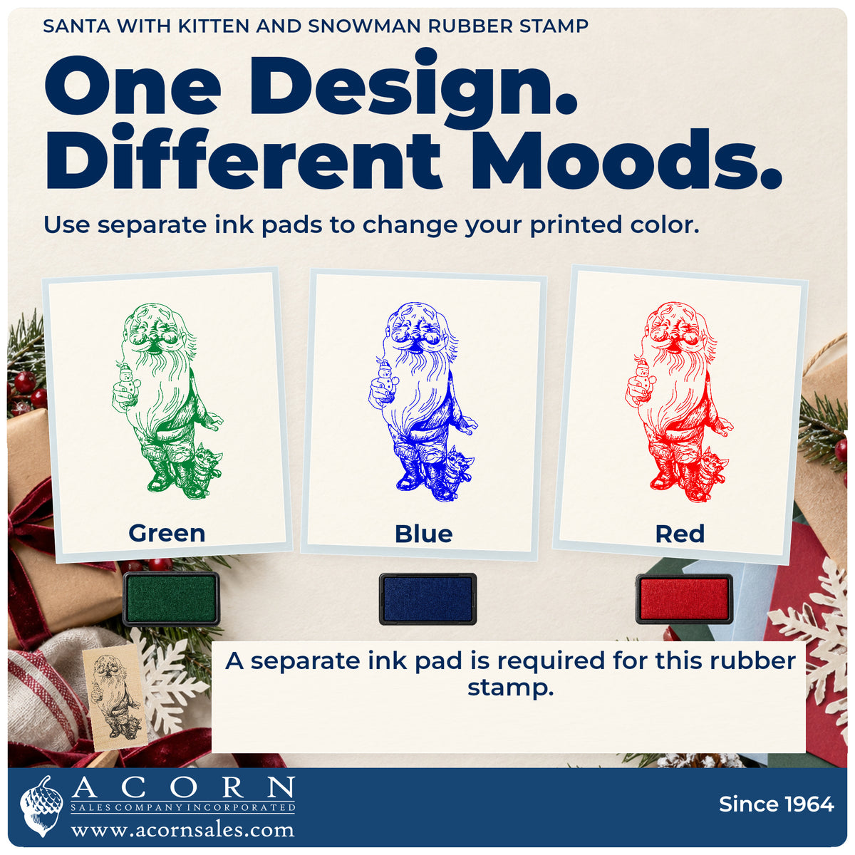 Santa with Kitten and Snowman Rubber Stamp ink-color infographic comparing three single-color impressions and a separate ink pad.