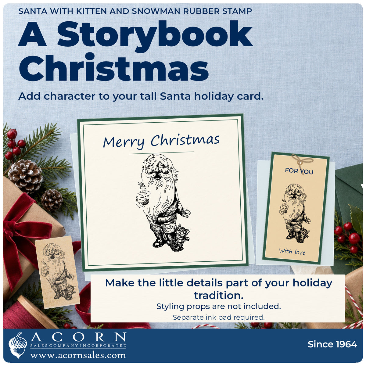 Santa with Kitten and Snowman Rubber Stamp project inspiration: tall santa holiday card.
