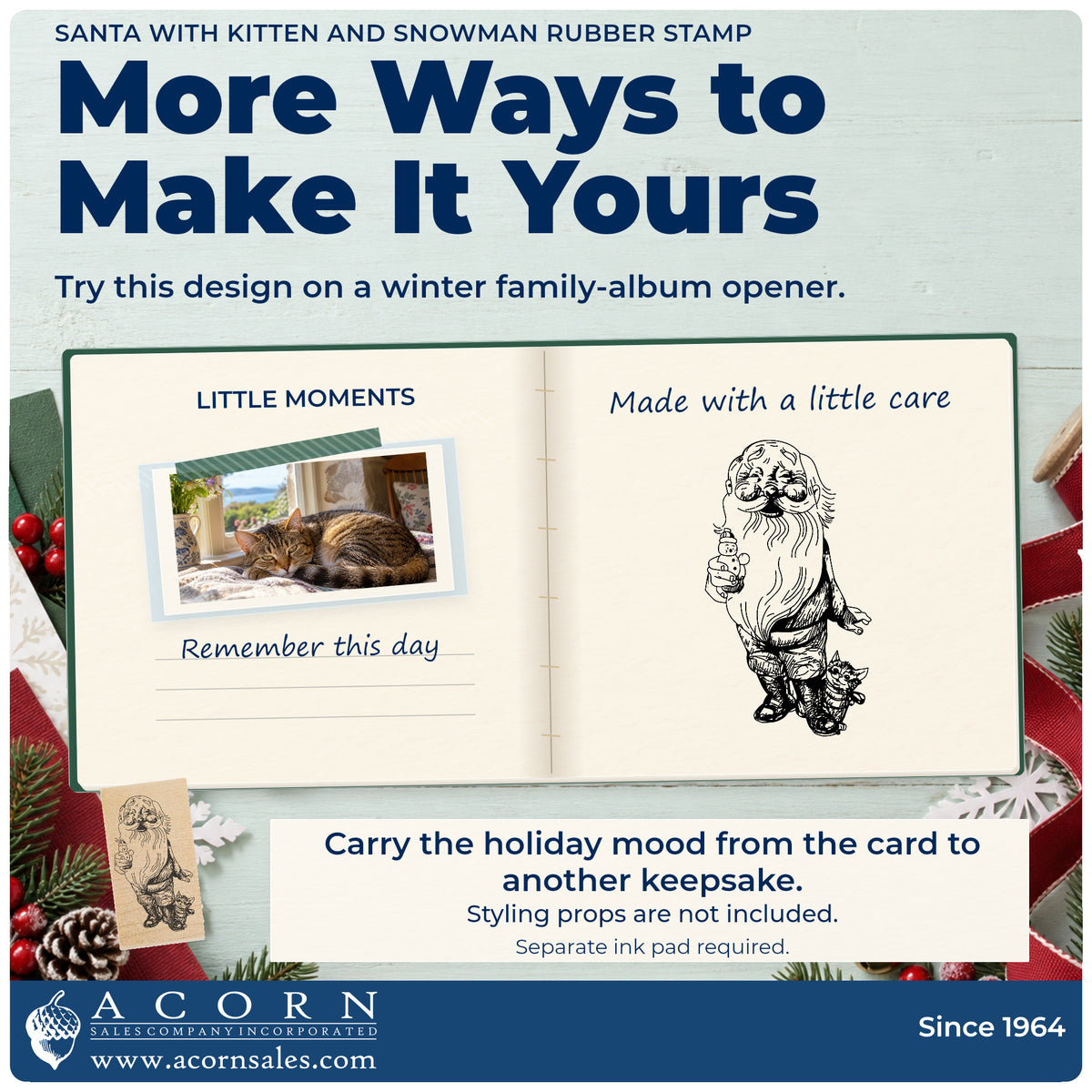 Santa with Kitten and Snowman Rubber Stamp project inspiration: winter family album opener.