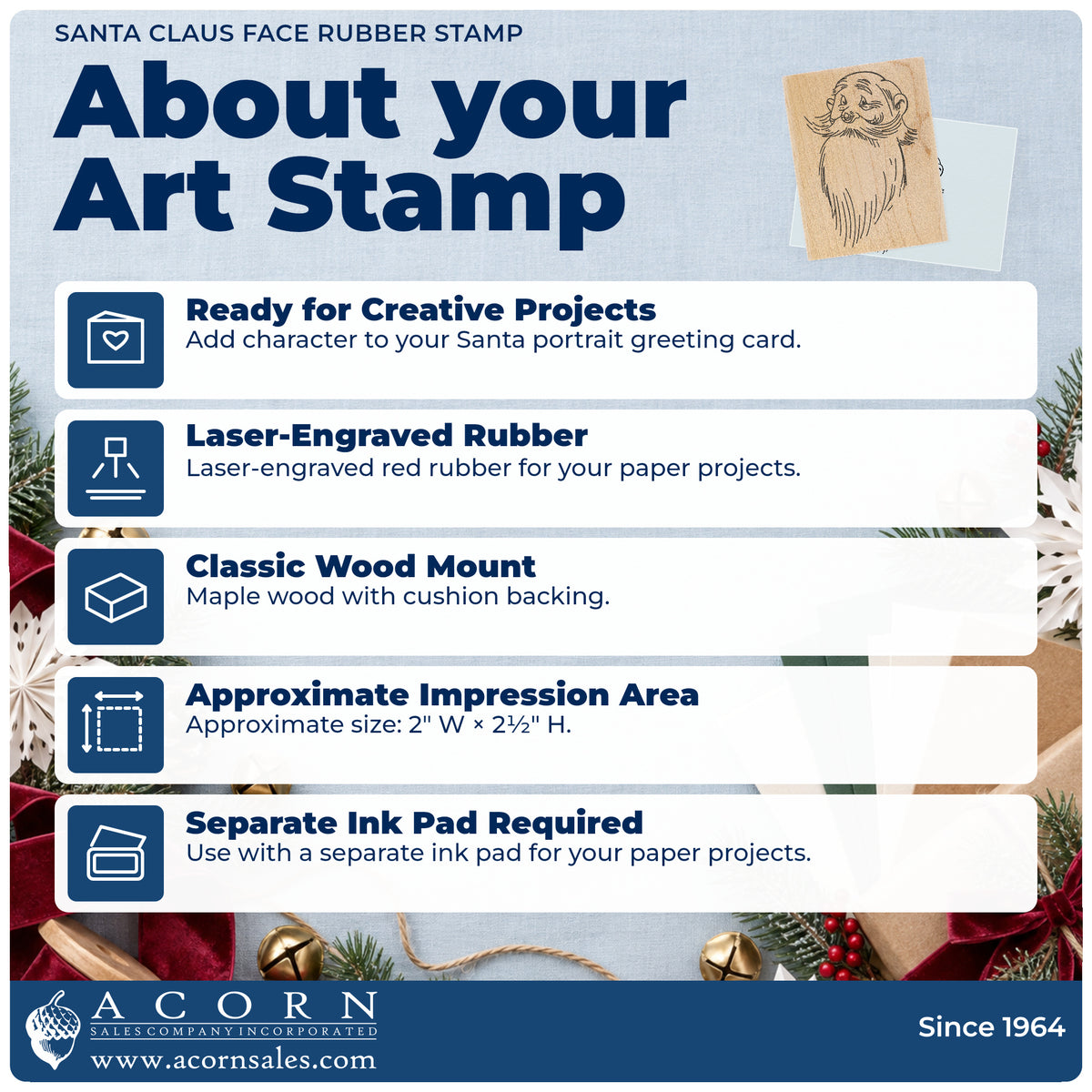 Santa Claus Face Rubber Stamp feature guide covering the wood mount, rubber construction, approximate size and separate ink pad.