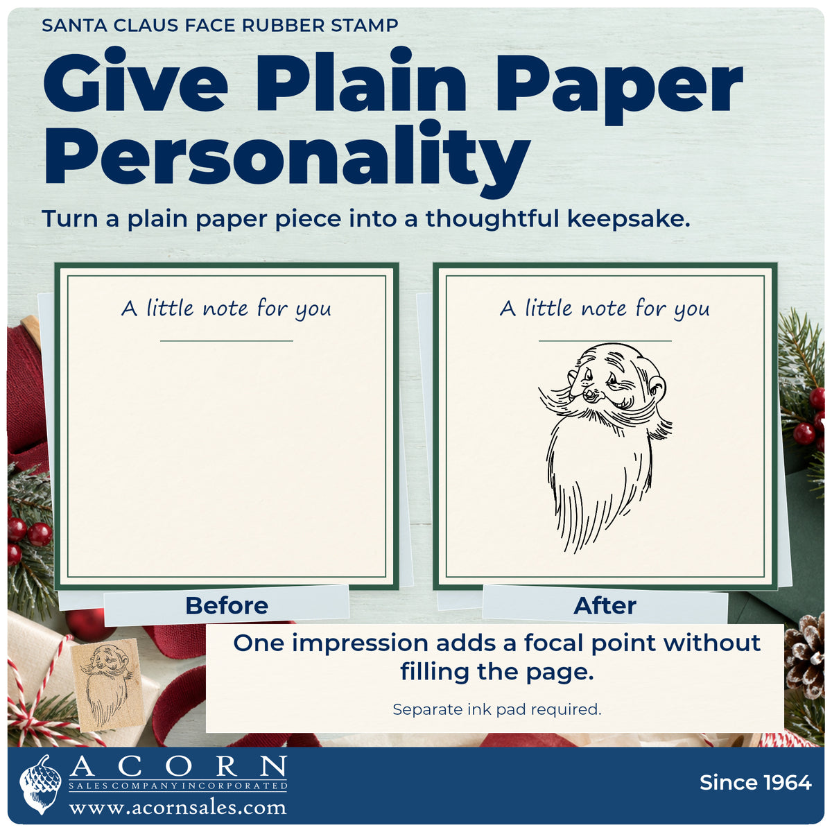 Santa Claus Face Rubber Stamp before-and-after infographic comparing plain paper with the stamped project.