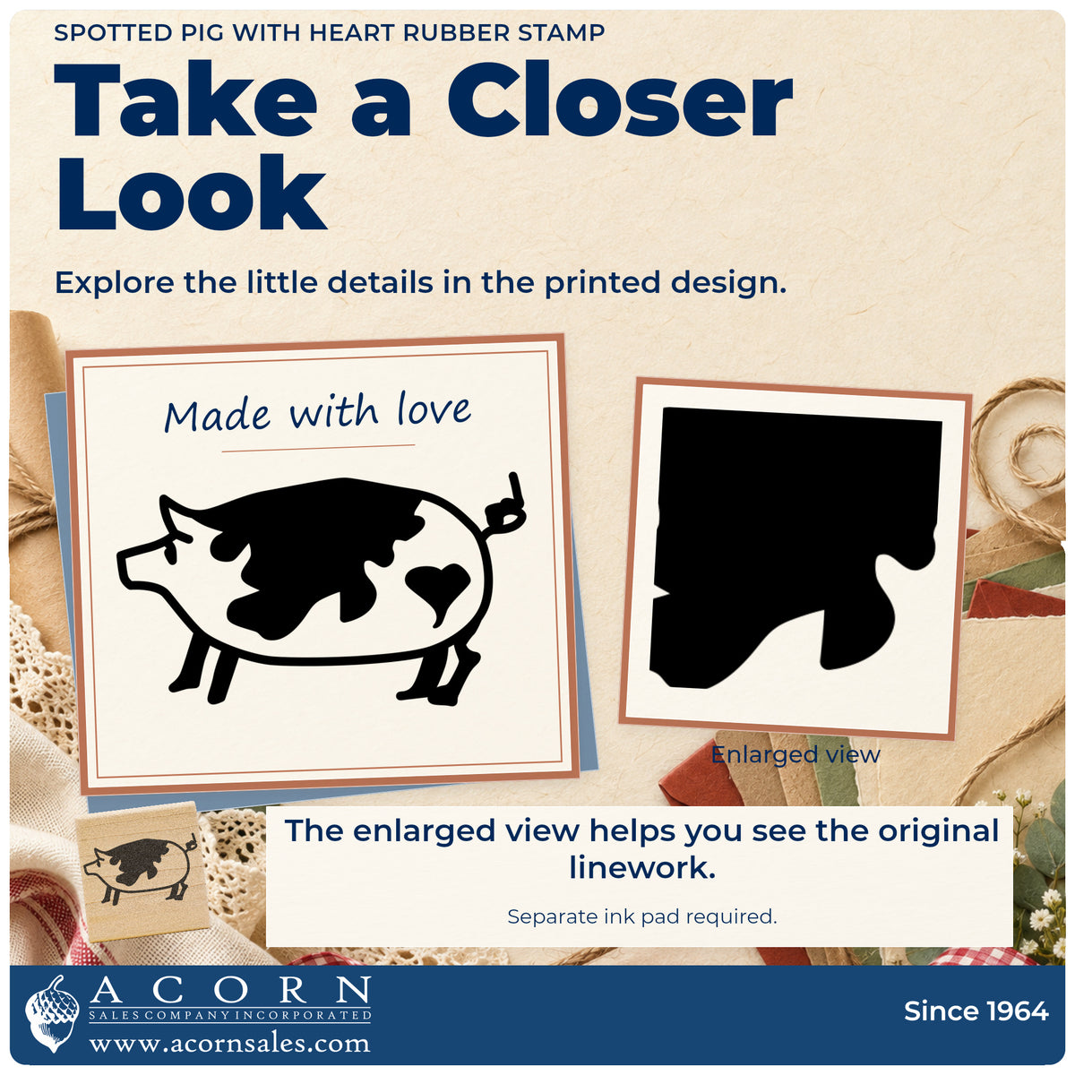 Spotted Pig with Heart Rubber Stamp detail infographic with an enlarged view of the printed design.