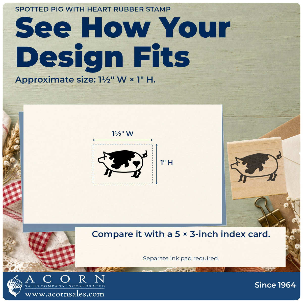 Spotted Pig with Heart Rubber Stamp impression-size guide showing the design on a paper reference with dimension labels.