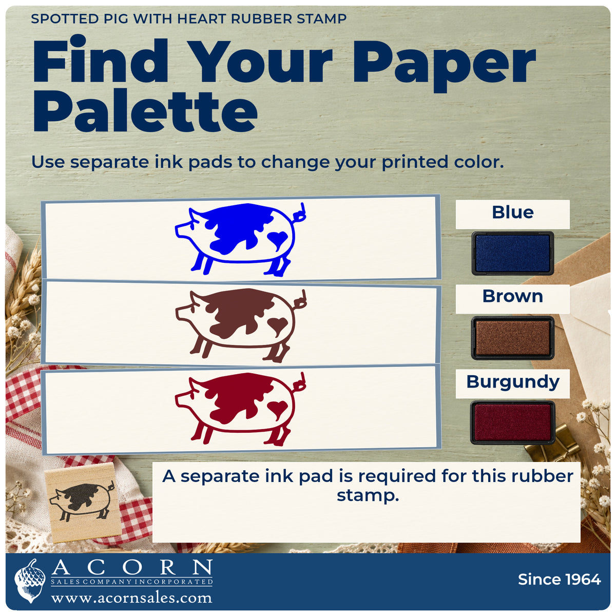 Spotted Pig with Heart Rubber Stamp ink-color infographic comparing three single-color impressions and a separate ink pad.
