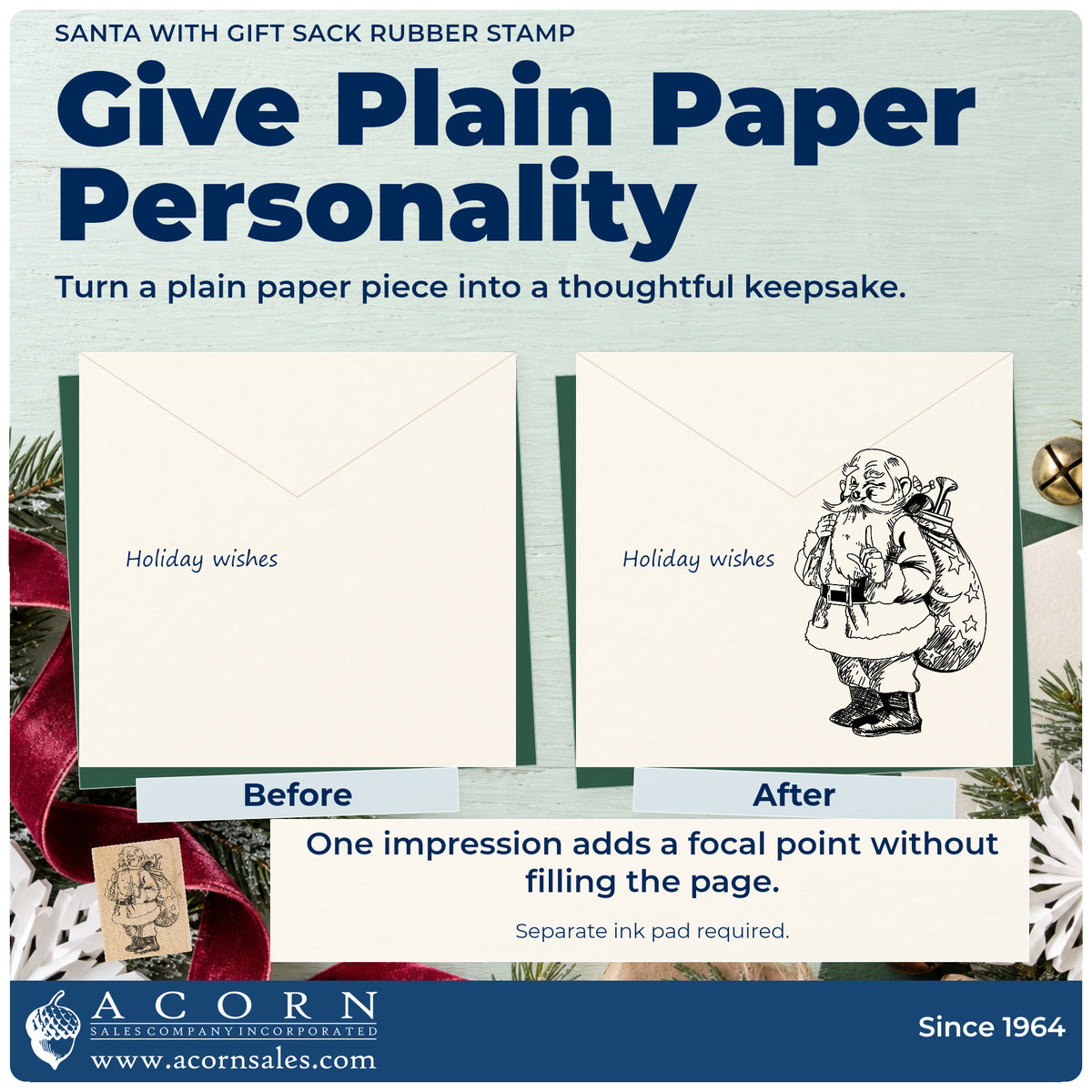 Santa with Gift Sack Rubber Stamp before-and-after infographic comparing plain paper with the stamped project.