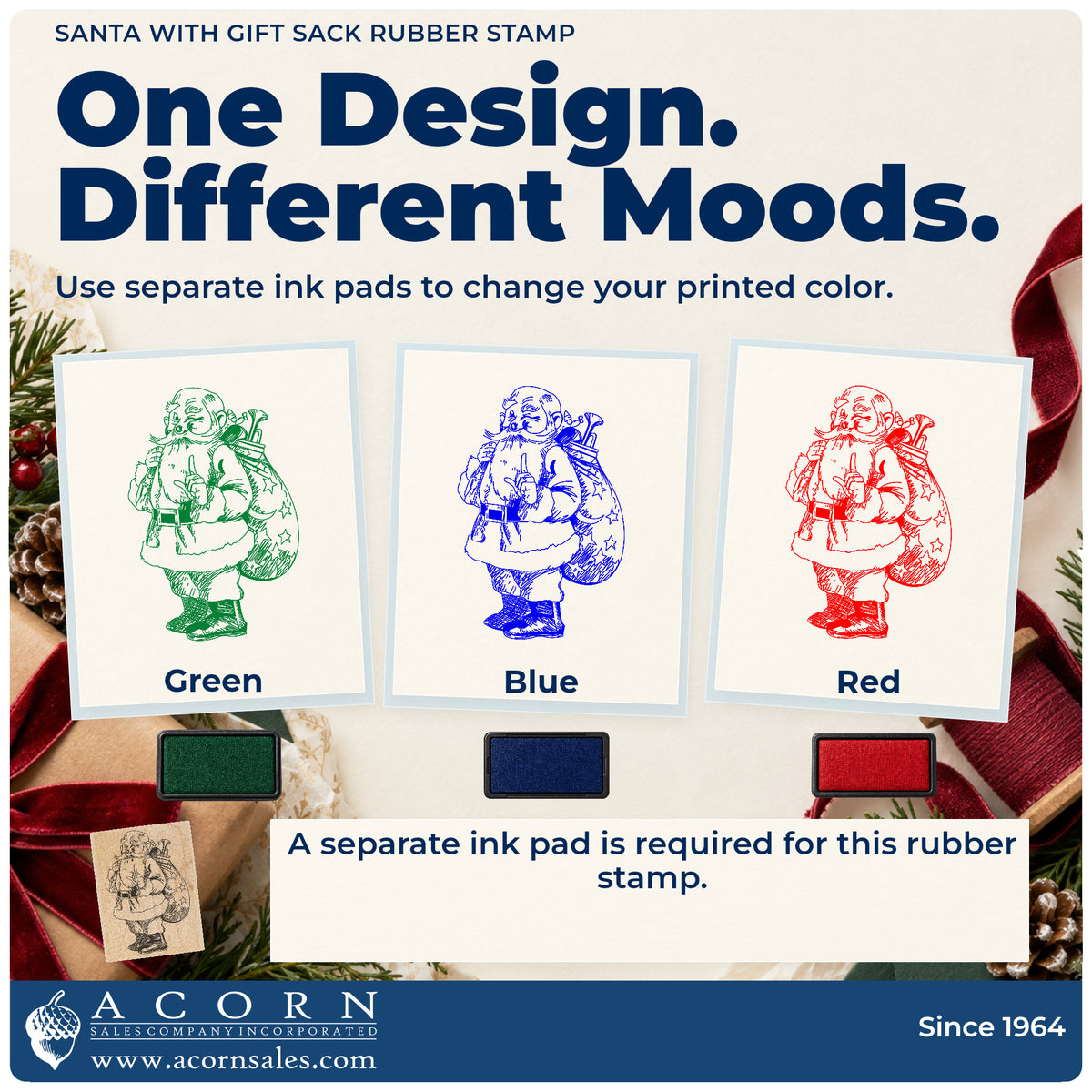 Santa with Gift Sack Rubber Stamp ink-color infographic comparing three single-color impressions and a separate ink pad.