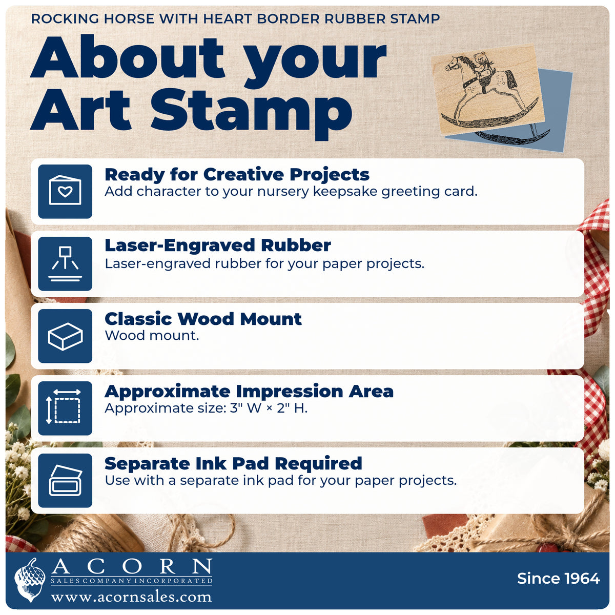Rocking Horse with Heart Border Rubber Stamp feature guide covering the wood mount, rubber construction, approximate size and separate ink pad.