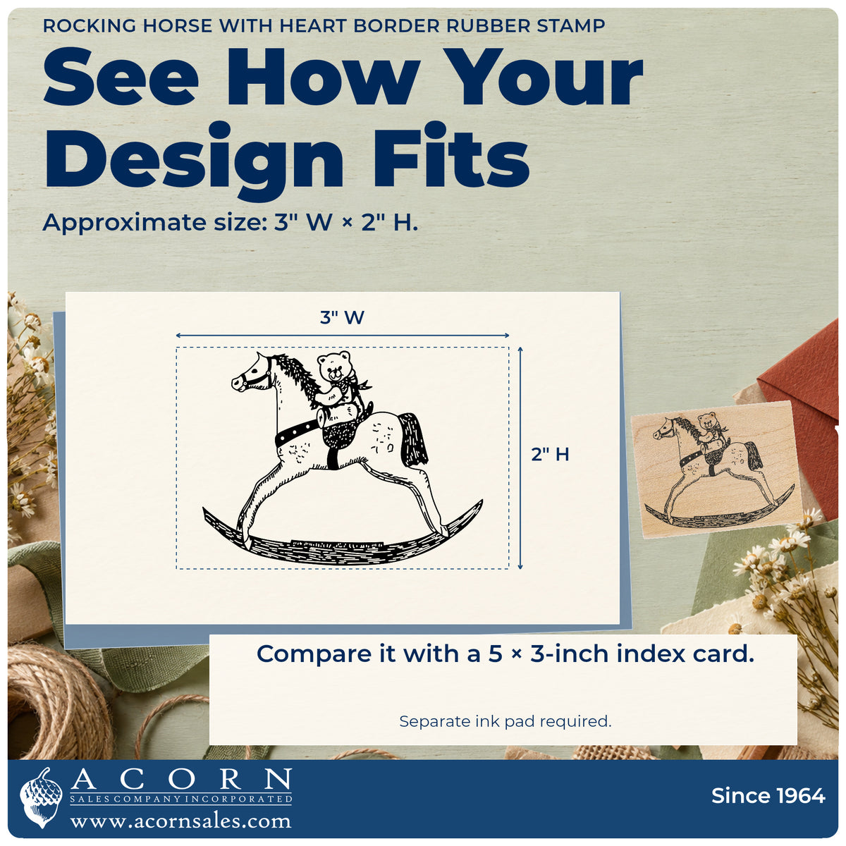 Rocking Horse with Heart Border Rubber Stamp impression-size guide showing the design on a paper reference with dimension labels.