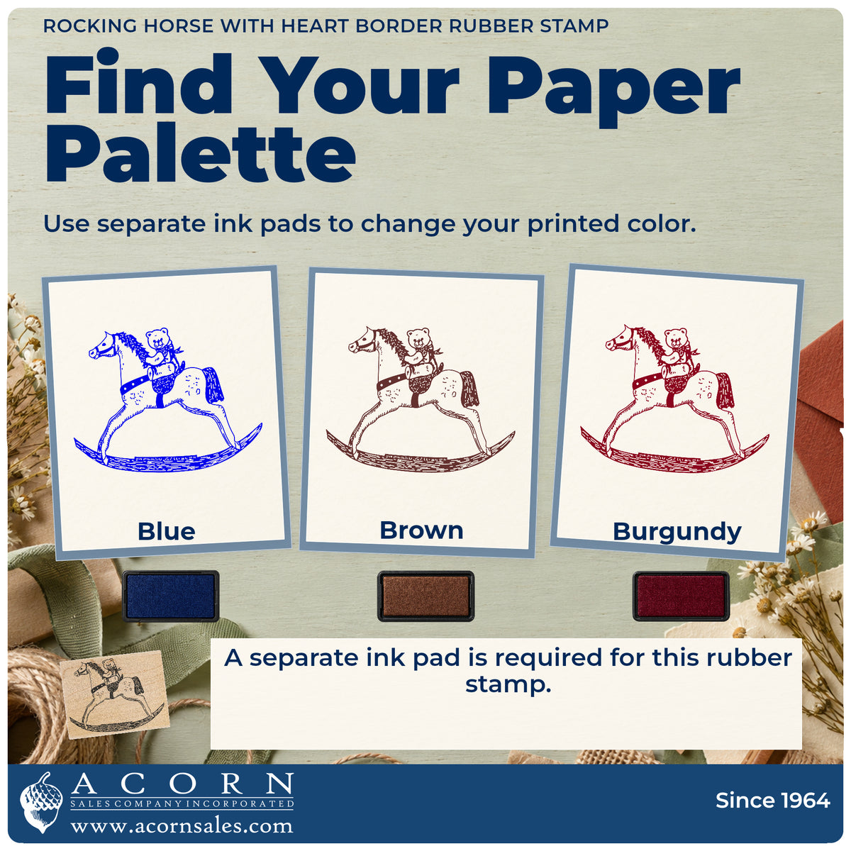 Rocking Horse with Heart Border Rubber Stamp ink-color infographic comparing three single-color impressions and a separate ink pad.