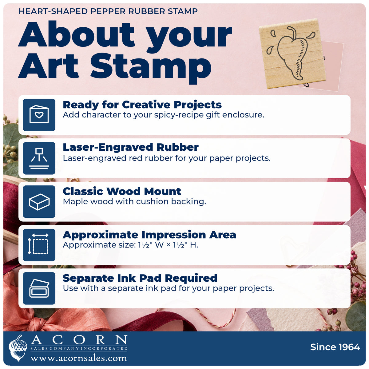 Heart-shaped Pepper Rubber Stamp feature guide covering the wood mount, rubber construction, approximate size and separate ink pad.