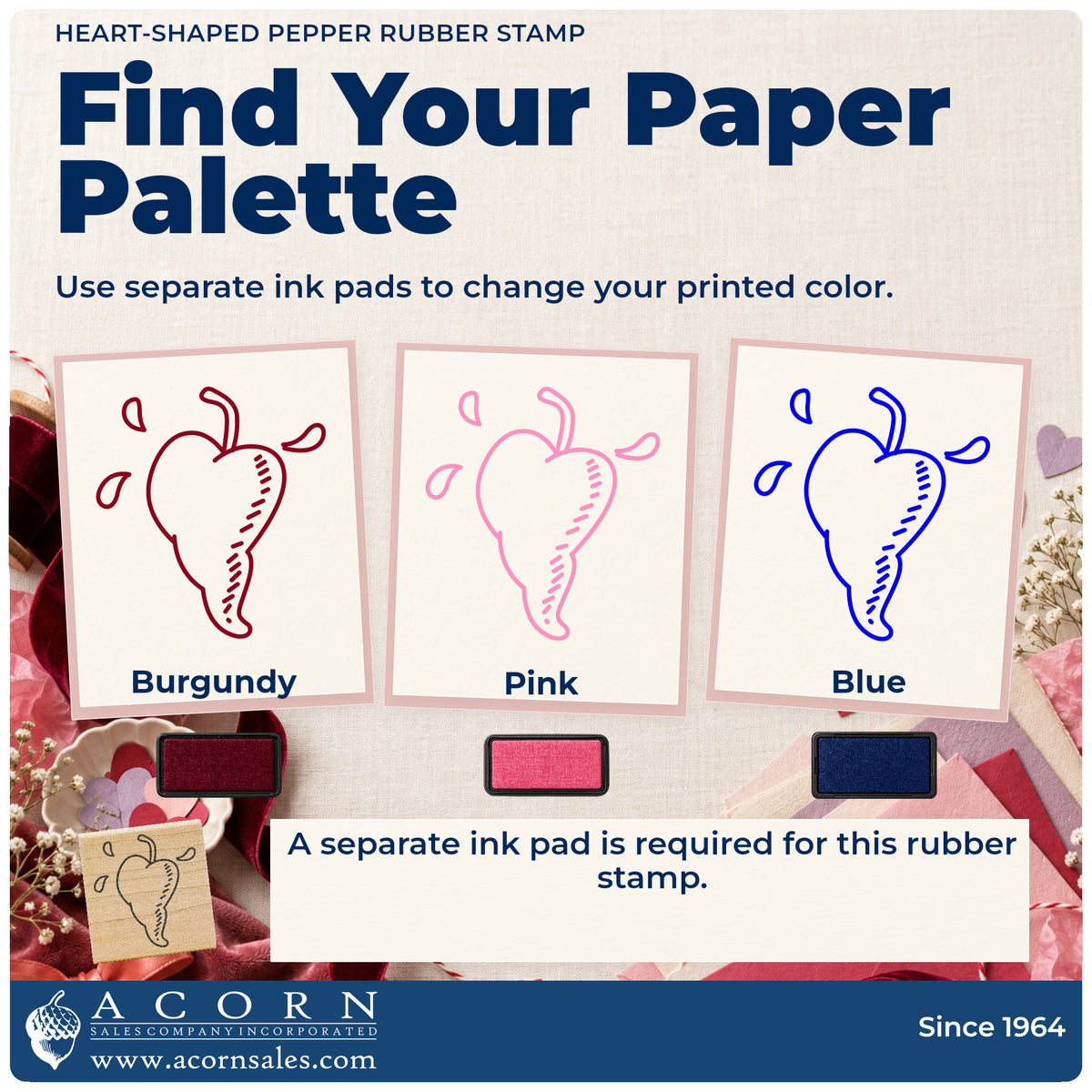 Heart-shaped Pepper Rubber Stamp ink-color infographic comparing three single-color impressions and a separate ink pad.