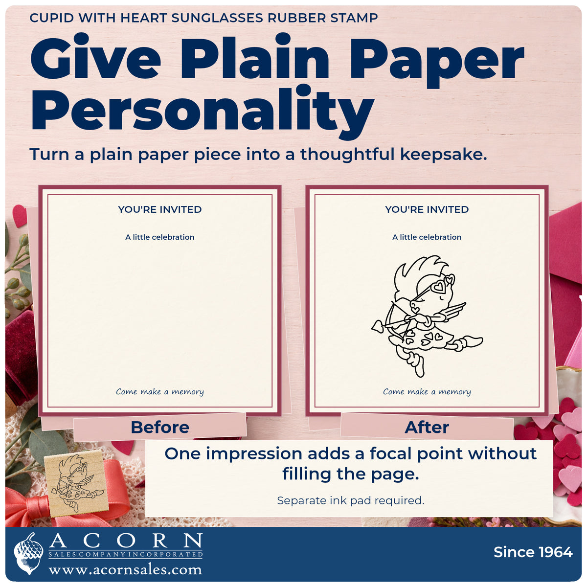 Cupid with Heart Sunglasses Rubber Stamp before-and-after infographic comparing plain paper with the stamped project.