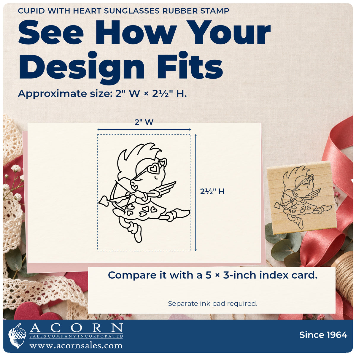 Cupid with Heart Sunglasses Rubber Stamp impression-size guide showing the design on a paper reference with dimension labels.