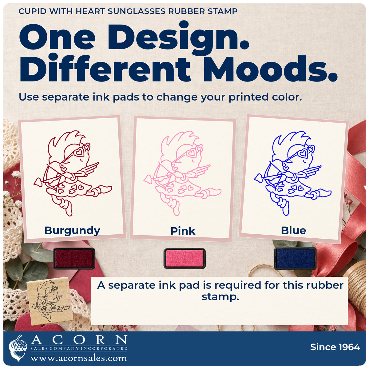 Cupid with Heart Sunglasses Rubber Stamp ink-color infographic comparing three single-color impressions and a separate ink pad.