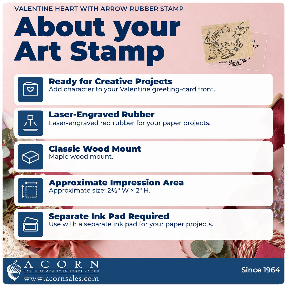 Valentine Heart with Arrow Rubber Stamp feature guide covering the wood mount, rubber construction, approximate size and separate ink pad.