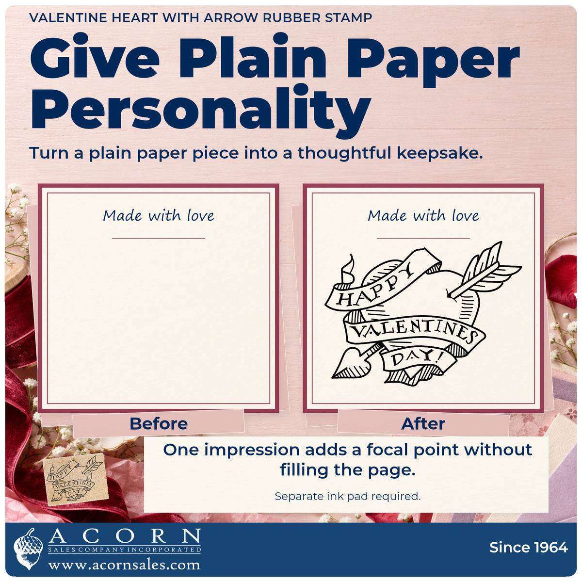 Valentine Heart with Arrow Rubber Stamp before-and-after infographic comparing plain paper with the stamped project.
