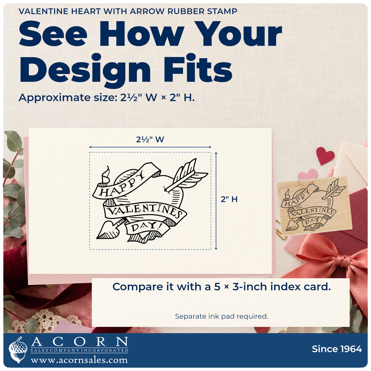 Valentine Heart with Arrow Rubber Stamp impression-size guide showing the design on a paper reference with dimension labels.