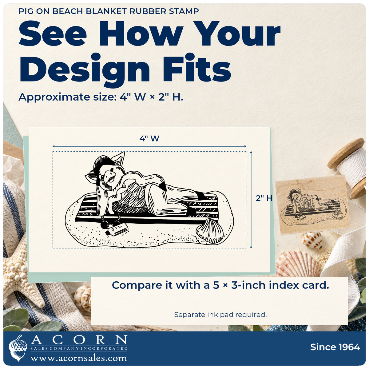 Pig on Beach Blanket Rubber Stamp impression-size guide showing the design on a paper reference with dimension labels.