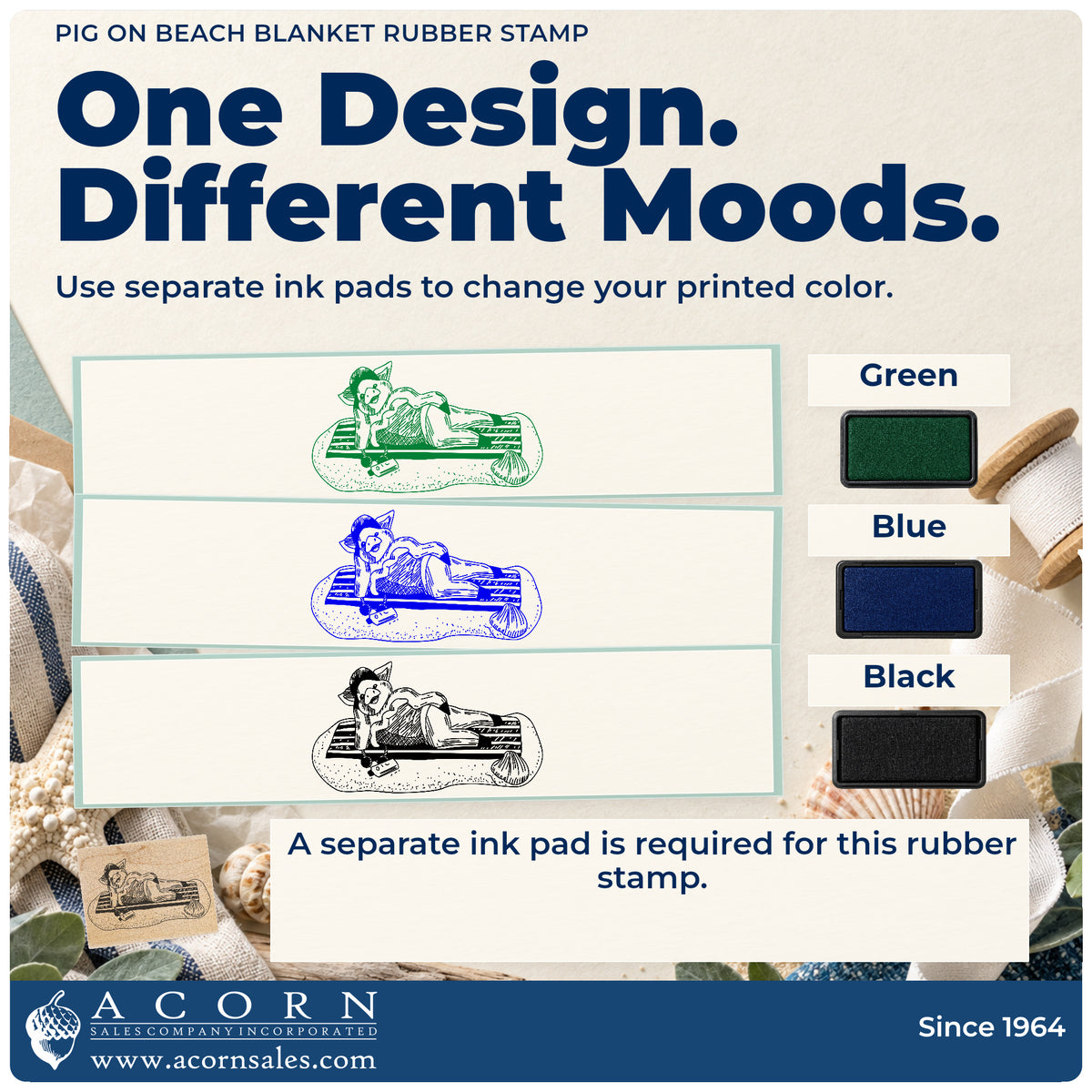 Pig on Beach Blanket Rubber Stamp ink-color infographic comparing three single-color impressions and a separate ink pad.