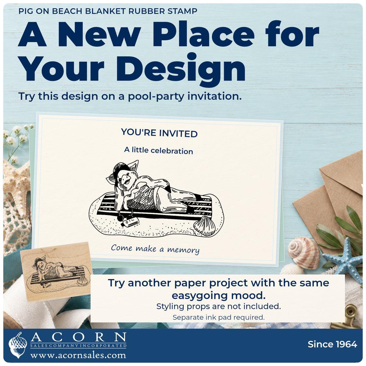 Pig on Beach Blanket Rubber Stamp project inspiration: pool party invitation.