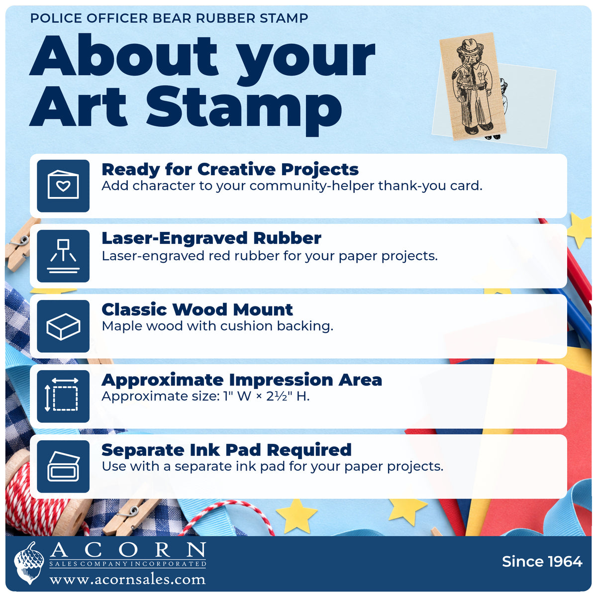 Police Officer Bear Rubber Stamp feature guide covering the wood mount, rubber construction, approximate size and separate ink pad.
