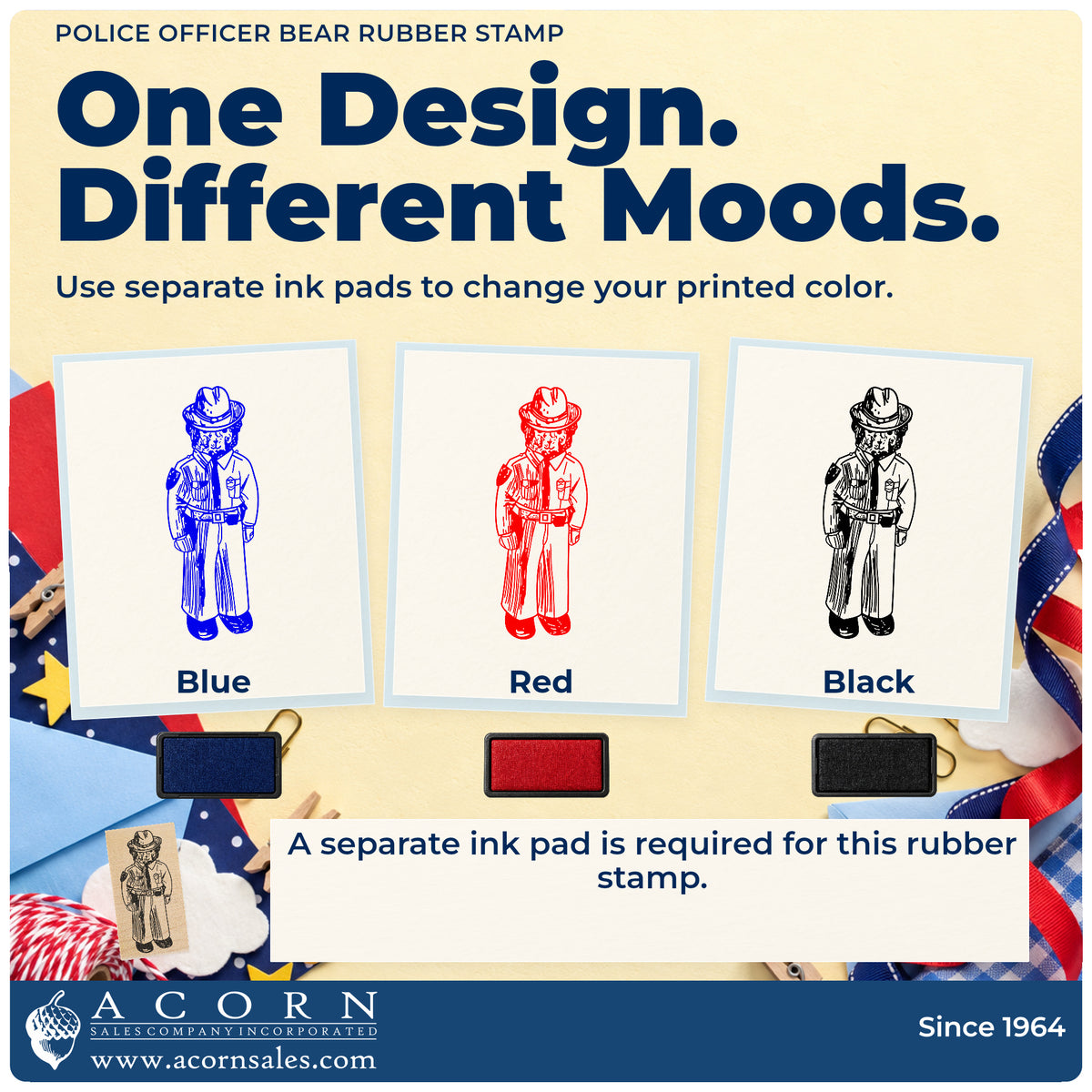 Police Officer Bear Rubber Stamp ink-color infographic comparing three single-color impressions and a separate ink pad.