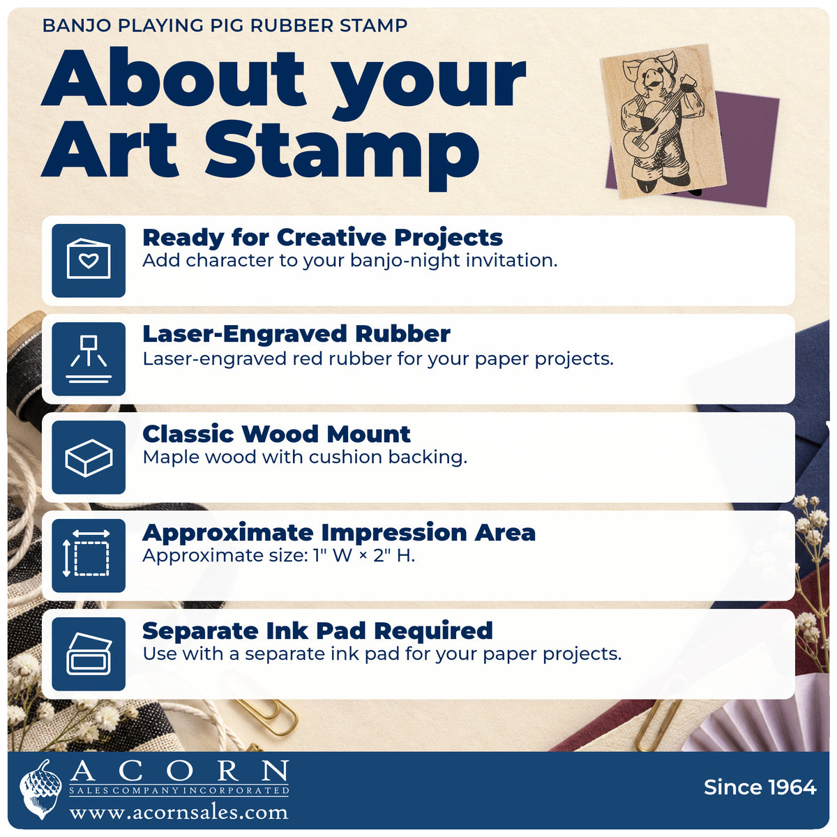 Banjo Playing Pig Rubber Stamp feature guide covering the wood mount, rubber construction, approximate size and separate ink pad.