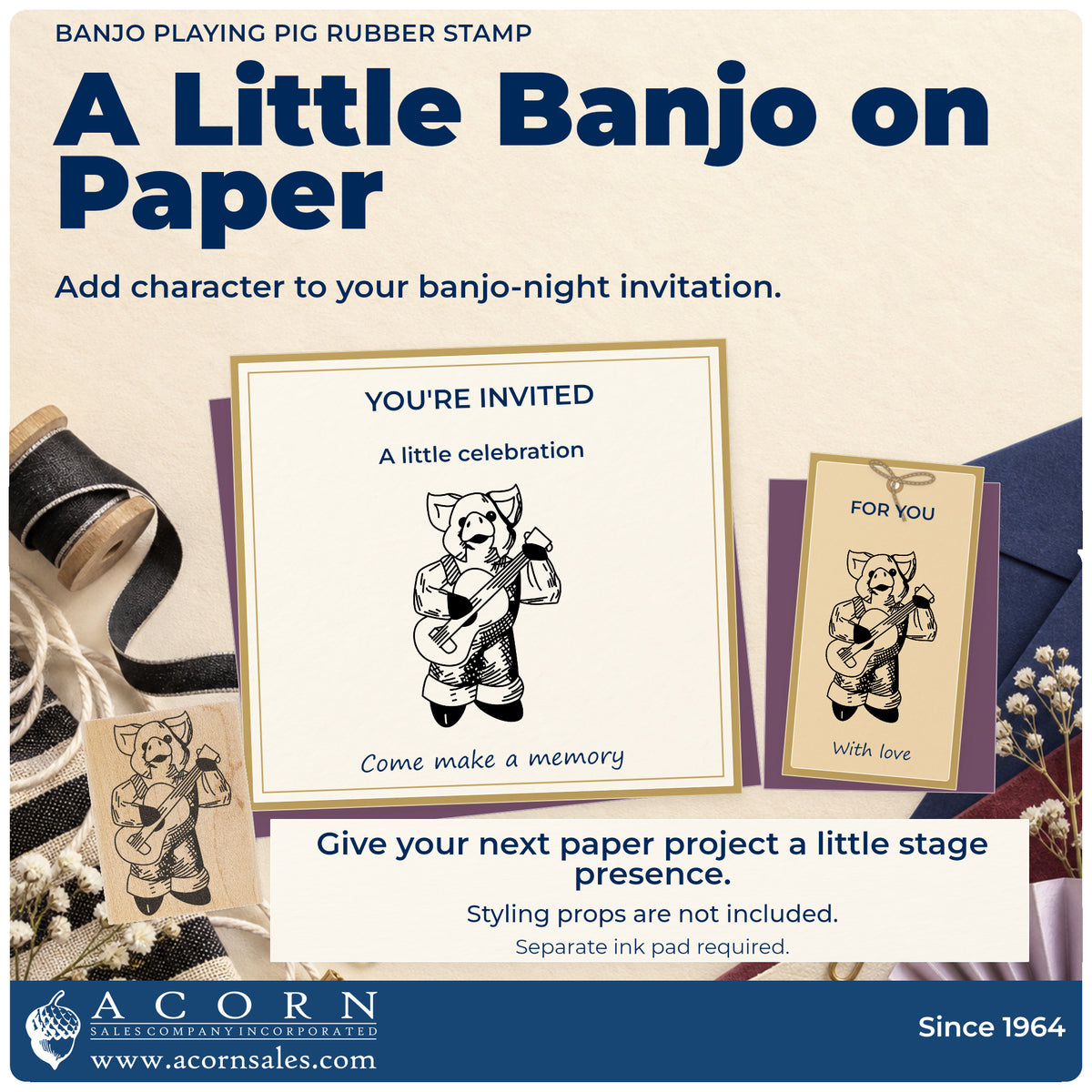 Banjo Playing Pig Rubber Stamp project inspiration: banjo night invitation.