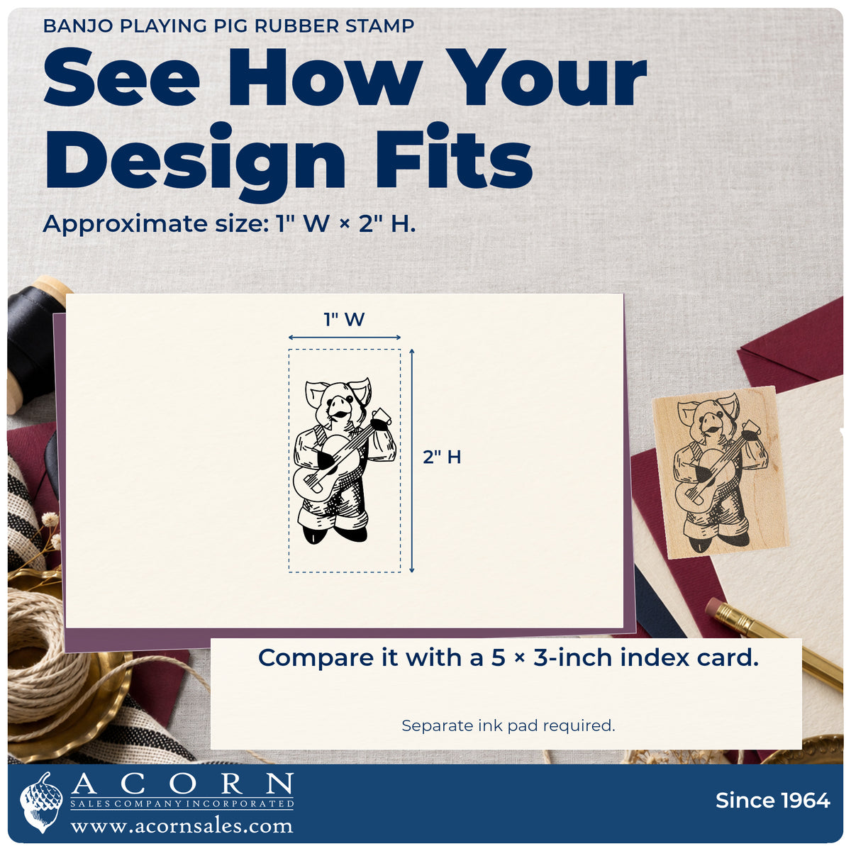 Banjo Playing Pig Rubber Stamp impression-size guide showing the design on a paper reference with dimension labels.