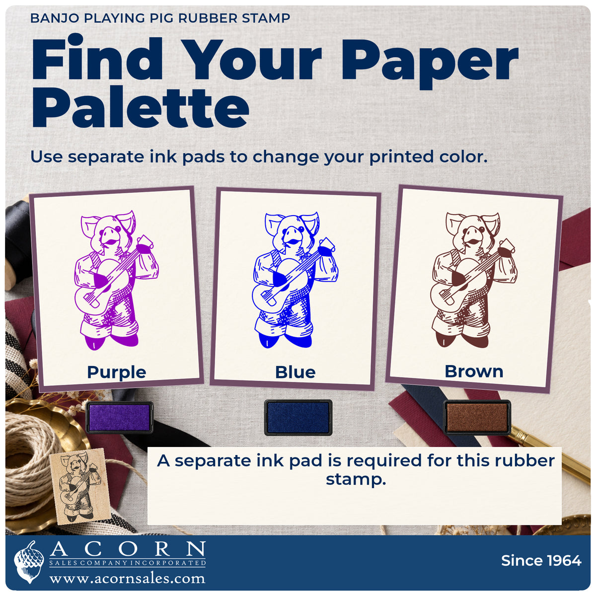 Banjo Playing Pig Rubber Stamp ink-color infographic comparing three single-color impressions and a separate ink pad.